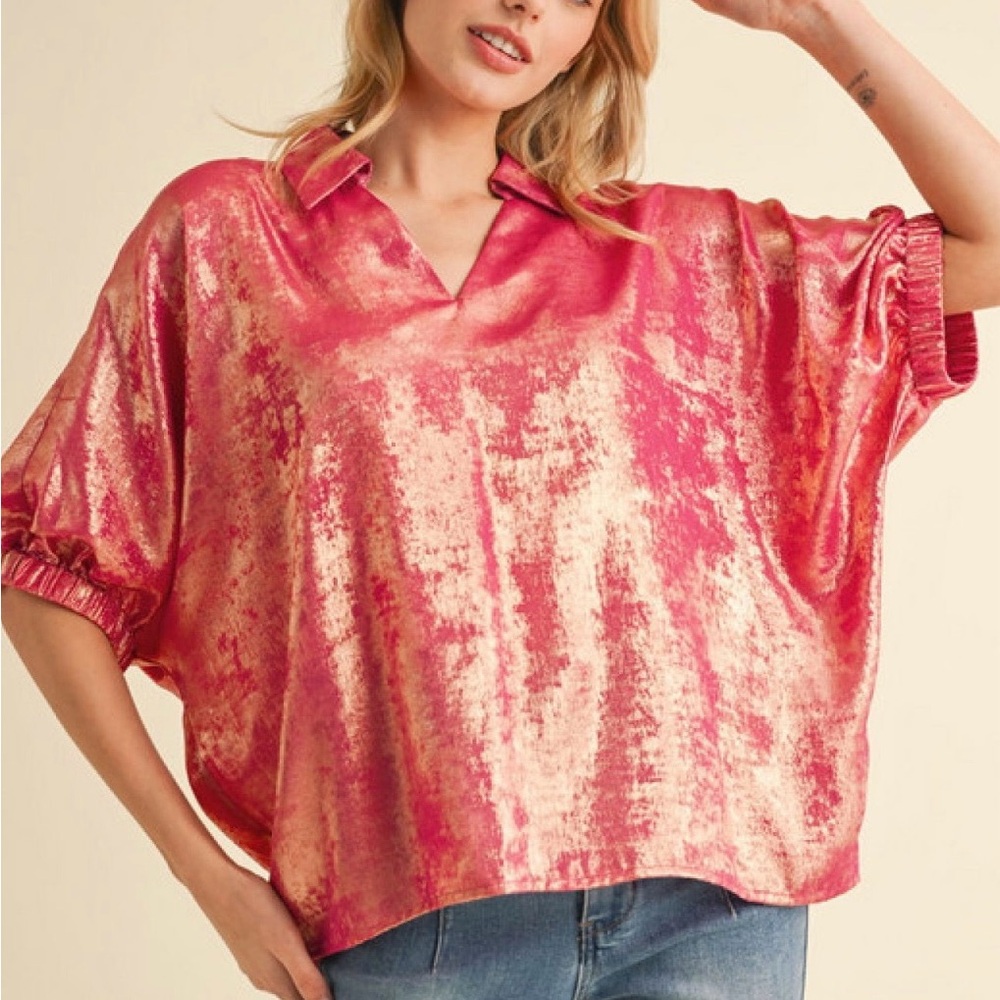 JODIFL Pink & Gold Metallic Dolman Sleeve Top